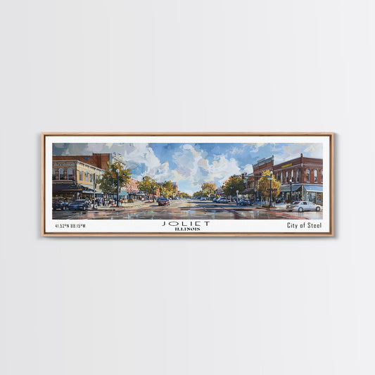 Joliet Illinois Panoramic Cityscape Wall Art, Watercolor Framed Canvas Print, Urban Painting for Living Room, Office Decor, Travel Poster