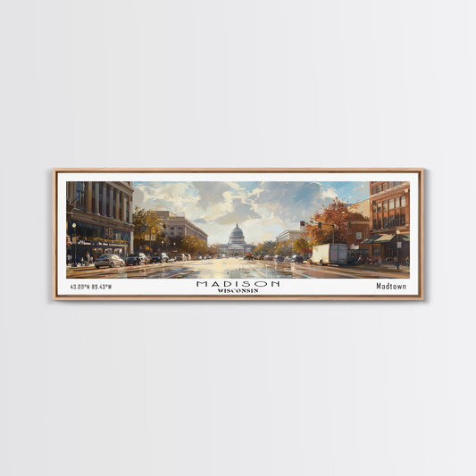 Madison Wisconsin Panoramic Framed Canvas Print, Stunning Watercolor Painting, City Wall Art, Office Decor, Living Room Art, Travel Poster