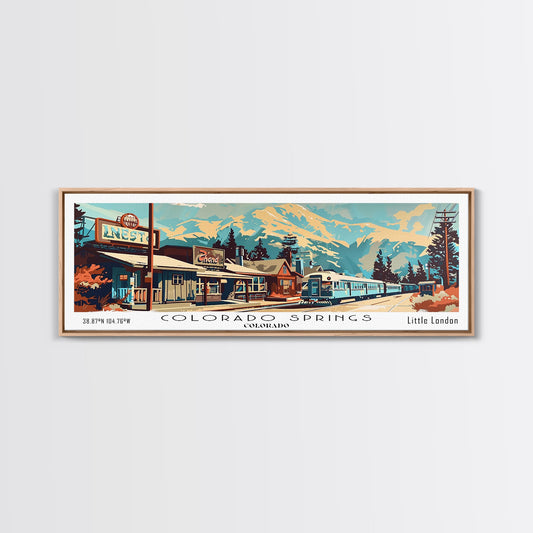 Colorado Springs Colorado Panoramic Painting, Mid Century Modern Framed Canvas Print, Retro Pop Art Travel Poster, Wall Decor, Gift Idea, Home Decor