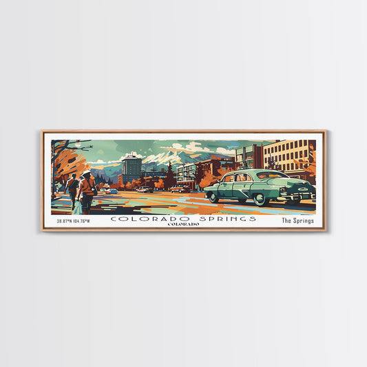 Colorado Springs Colorado Panoramic Wall Art, Retro Pop Art Framed Canvas Print, Mid Century Modern Travel Poster, Living Room Decor, Wall Hanging, Office Art