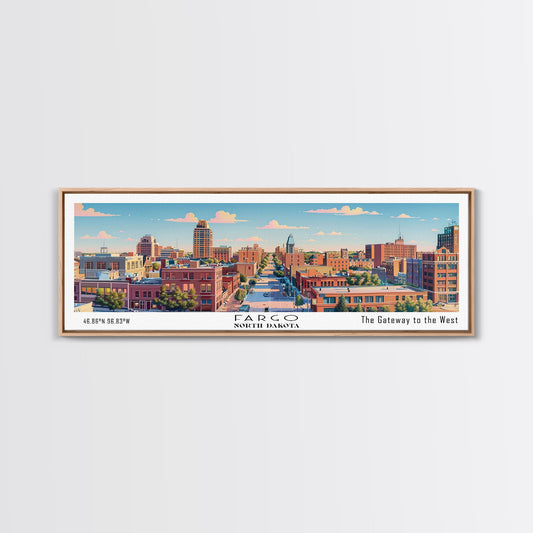 Fargo North Dakota Panoramic Painting, Mid Century Modern Framed Canvas Print, Retro Pop Art Travel Poster, City Wall Art