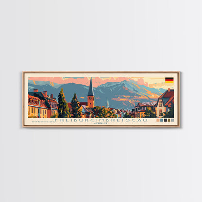 Freiburg Germany Panoramic Travel Poster, Framed Canvas Print or Metal Wall Art, Travel Art, Home Decor, Panoramic Painting, Midcentury Art