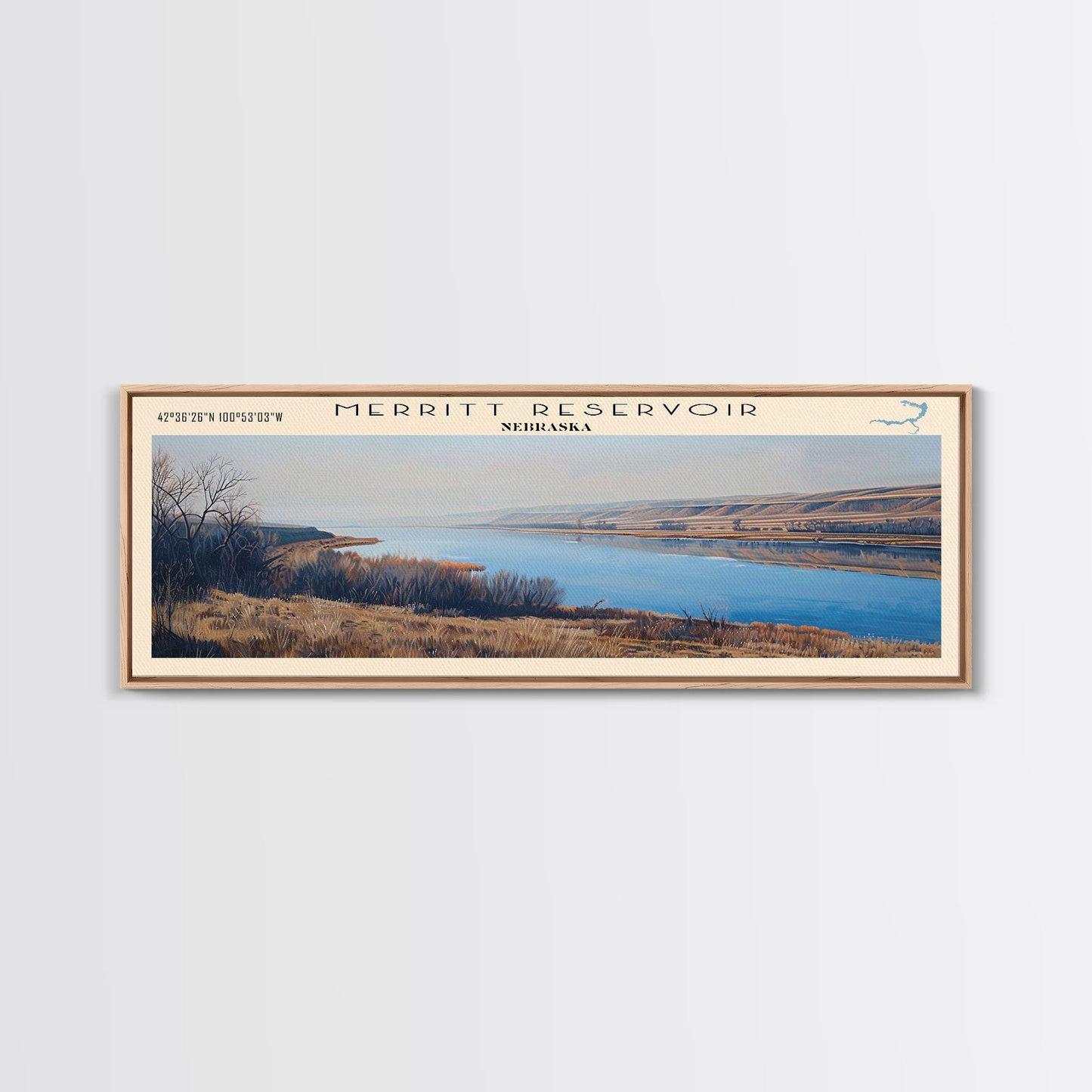 Merritt Reservoir Nebraska Framed Canvas Print, Lake House Decor, Panoramic Wall Art, Travel Poster, Beautiful Landscape Painting, Modern Art