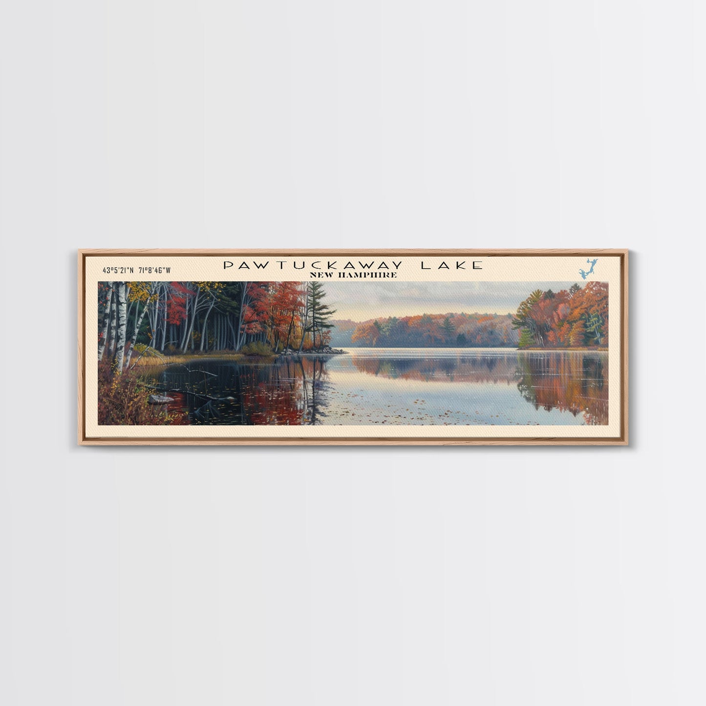 Pawtuckaway Lake New Hampshire Framed Canvas Print, Lake House Decor, Panoramic Wall Art, Travel Poster, Beautiful Landscape Painting, Living Room Decor