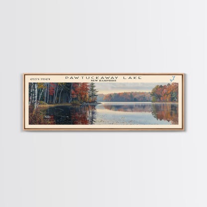 Pawtuckaway Lake New Hampshire Framed Canvas Print, Lake House Decor, Panoramic Wall Art, Travel Poster, Beautiful Landscape Painting, Living Room Decor