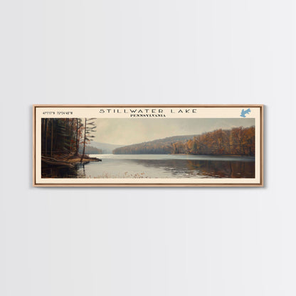 Stillwater Lake Pennsylvania Panoramic Framed Canvas Print, Lake House Decor, Wall Art, Travel Poster, Serene Lake Painting, Living Room Decor