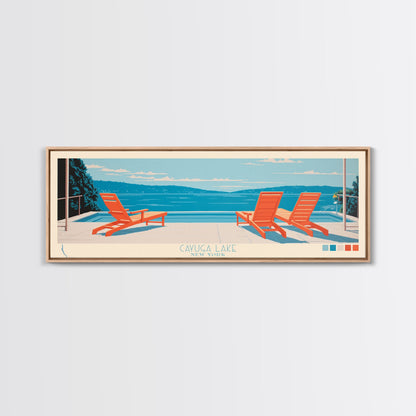 Cayuga Lake New York Framed Canvas Print, Pop Art Panoramic Travel Poster, Midcentury Modern, Wall Art, Scenic Nature Painting, Bedroom Decor, Living Room Art