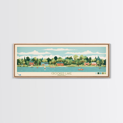 Crooked Lake Indiana Framed Canvas Print, Midcentury Modern Panoramic Wall Art, Living Room Decor, Pop Art, Travel Poster Art, Scenic Nature Painting, Lake House Decor