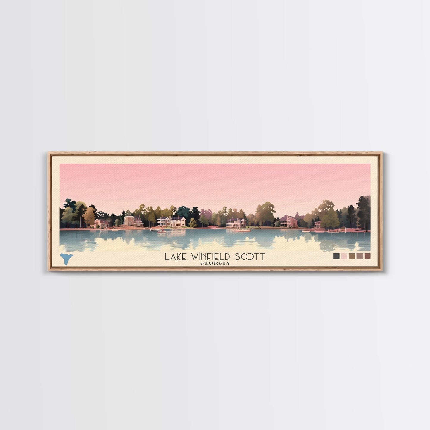 Lake Winfield Scott, Georgia Panoramic Wall Art Framed Canvas Print, Midcentury Modern, Pop Art, Home Decor, Travel Poster, Living Room Art