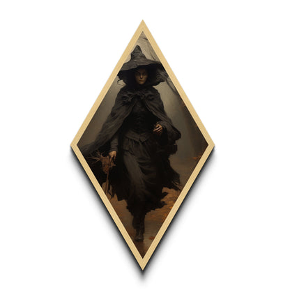 "Witch in the Woods" Canvas Embossed Print of Gothic Forest Sorceress, Diamond Shaped Art for Dark Academia Halloween or Victorian Occult Decor