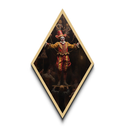 "The Hollow Ringleader" Diamond Shaped Art of Marionette Clown Canvas Embossed Print, Gothic Halloween Carnival Decor in Dark Circus Style