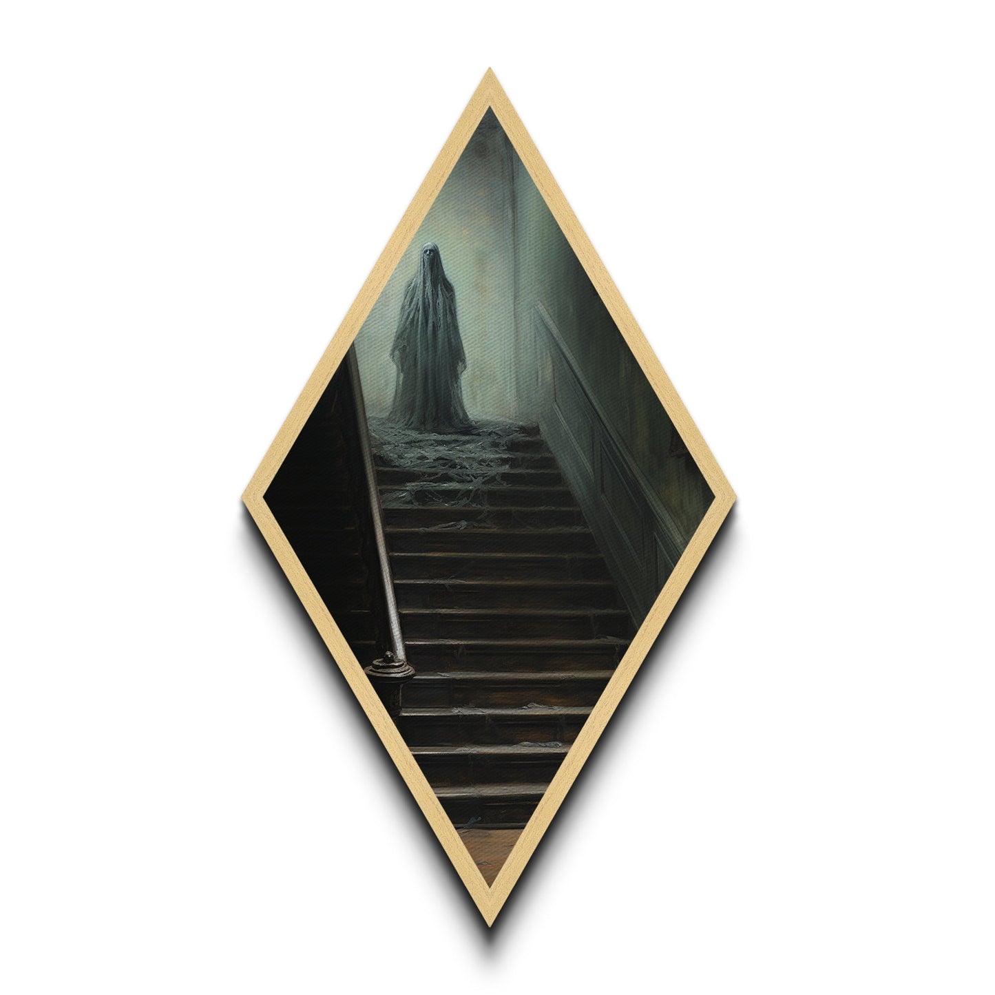 "The Waiting Cold" Haunted Stairwell Ghost Canvas Embossed Print, Diamond Shaped Art for Dark Academia Halloween or Gothic Paranormal Decor