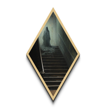 "The Waiting Cold" Haunted Stairwell Ghost Canvas Embossed Print, Diamond Shaped Art for Dark Academia Halloween or Gothic Paranormal Decor