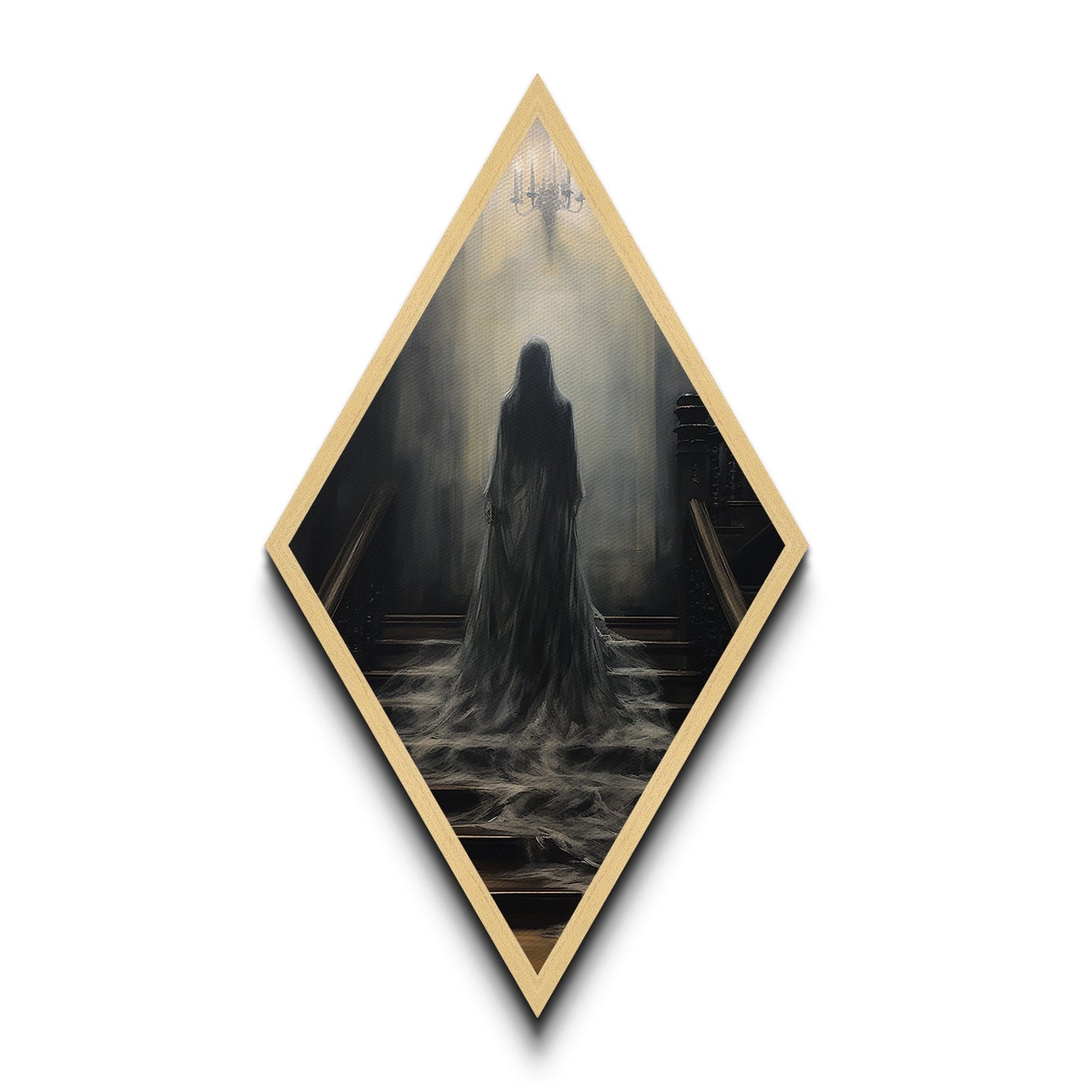 "Chandelier of Silence" Canvas Embossed Print of Spectral Figure Below Light, Diamond Shaped Art for Gothic Paranormal or Halloween Decor