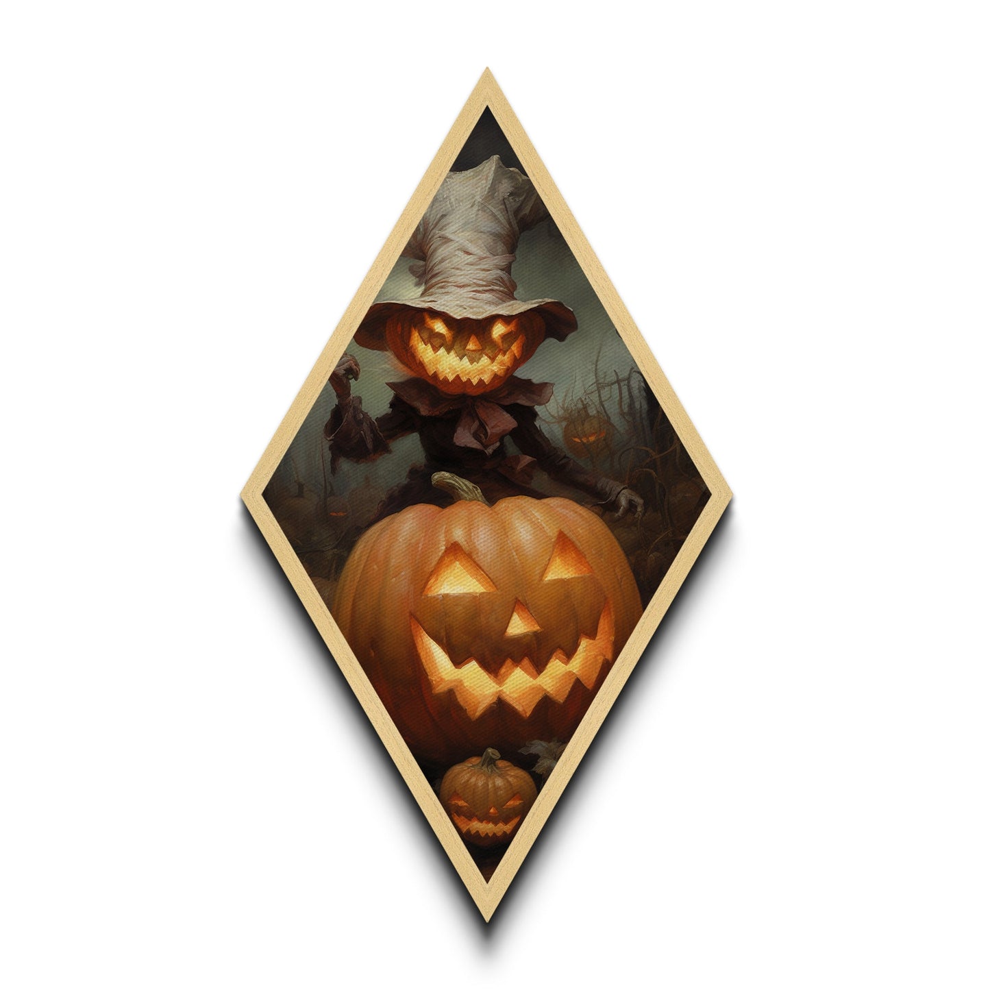 Pumpkin-headed scarecrow with eerie smile Canvas Art Print perfect for Halloween horror decor in Diamond Shaped Art style