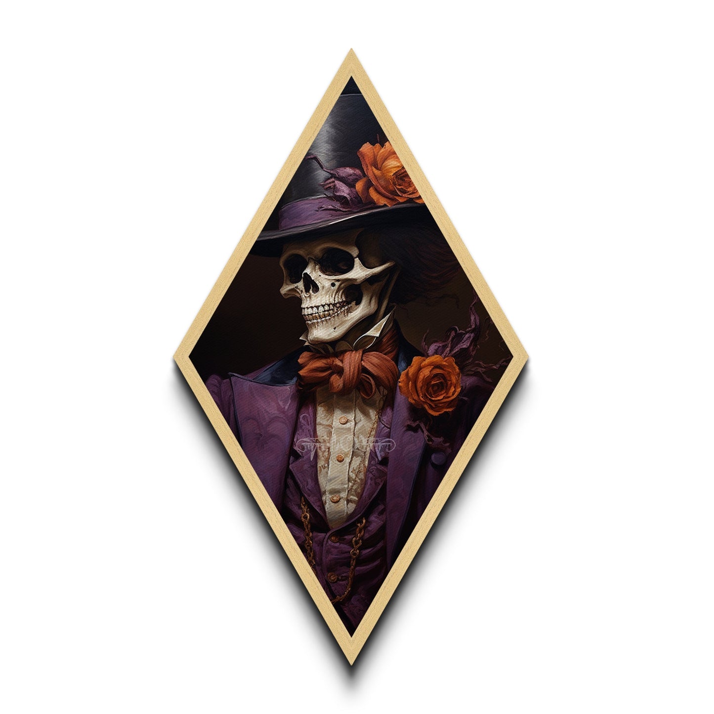 Skeleton in Purple Suit with Roses Diamond Shaped Art Canvas Art Print Romantic Gothic Halloween Dark Dandy Wall Decor