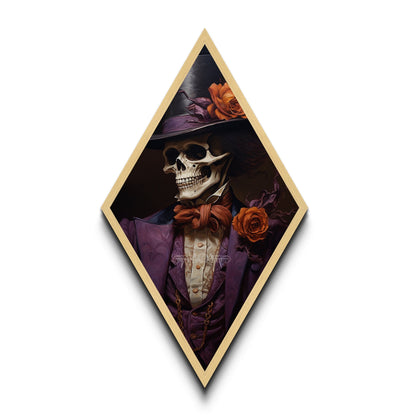 Skeleton in Purple Suit with Roses Diamond Shaped Art Canvas Art Print Romantic Gothic Halloween Dark Dandy Wall Decor