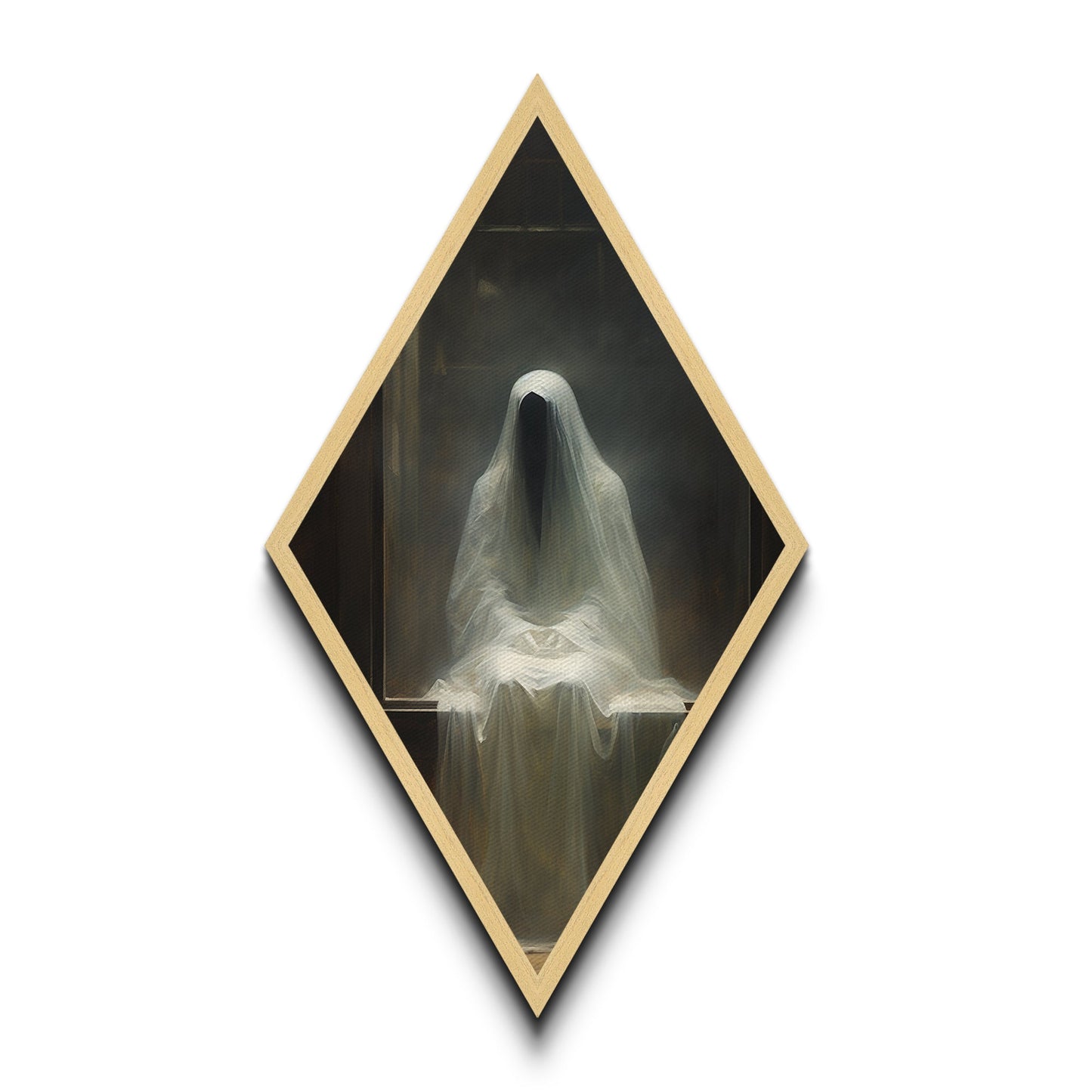 Diamond Shaped Art Phantom Figure Canvas Embossed Print, Dark Academia Halloween Wall Decor, Gothic Veiled Spirit Paranormal Painting