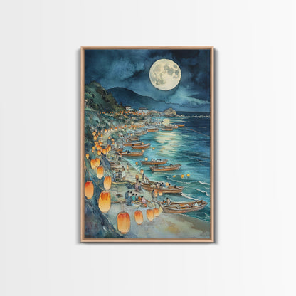 Japanese Paper Lamps Framed Canvas Print, Isamu Noguchi Akari Latern Festival, Christmas Decor