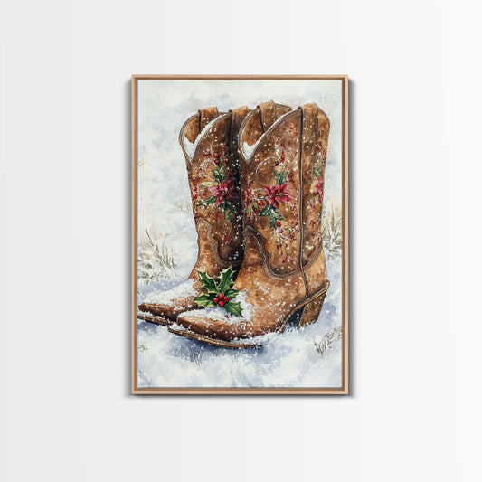 Christmas Cowboy Boots, Framed Canvas Print, Primitive / Rustic Farmhouse Wall Art, Cowboy Decor, Texan Art, Christmas Vintage Art