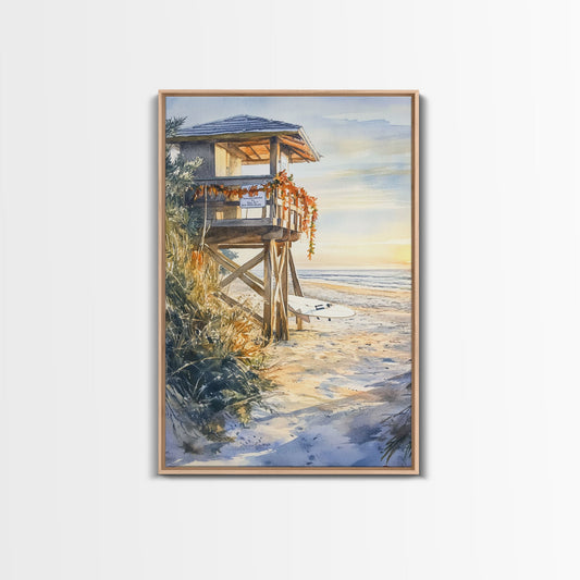 Lifeguard Shack Decorated For Christmas, Tropical Christmas Wall Art, Canvas Print, Wood Framed Wall Art, Christmas Vintage, Christmas