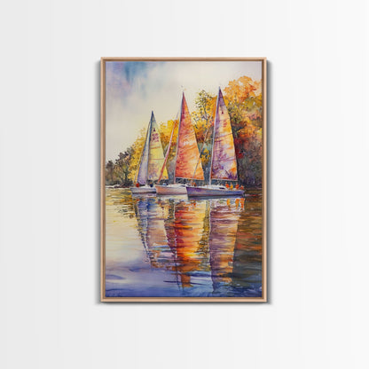 Colorful Sailboats Reflected On Water Framed Canvas Print Fall Nautical Wall Art Coastal Decor Best Gift Idea Holiday Wall Art