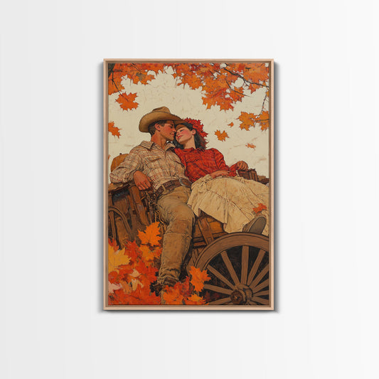 Cozy Fall Couple in Wagon Framed Canvas Print - 2024 Vintage Autumn Love Art Best Gift Idea Fall Farmhouse Wall Decor