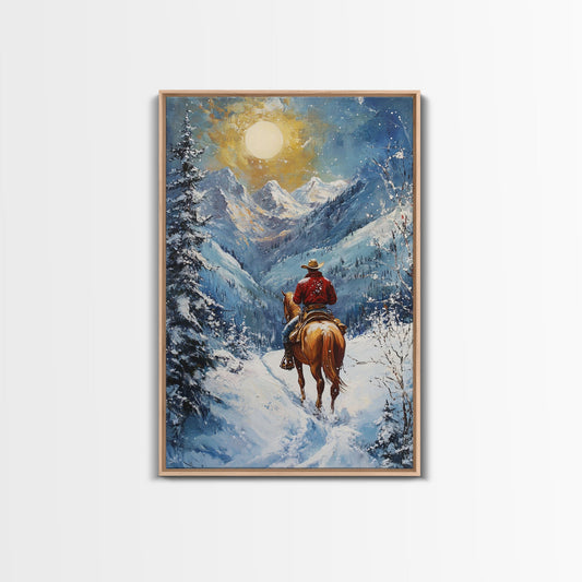 Cowboy in Winter Mountain Scene Canvas Print Christmas Wall Art Vintage Christmas Decor Winter Wonderland Gift Idea Seasonal Wall Art