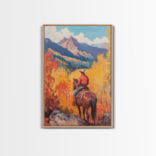 Cowboy in Snowy Mountain Valley Framed Canvas Print Christmas Wall Art Winter Wonderland Vintage Christmas Decor Gift Idea Moody Landscape