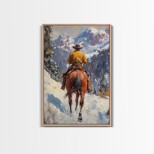 Cowboy on Horseback in Autumn Mountains Canvas Print Fall Wall Art Vintage Christmas Decor Country Christmas Wall Art Gift Idea Seasonal Art