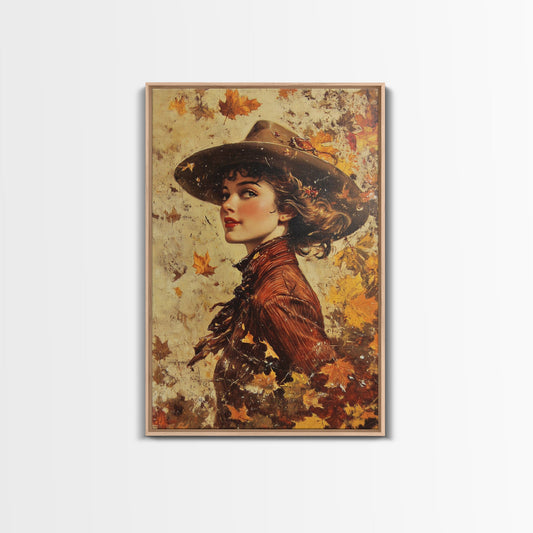 Autumn Cowgirl Portrait Canvas Print, Vintage Fall Wall Art, Farmhouse Decor, Holiday Art, Perfect Home Decor Gift Idea, Framed Canvas Print