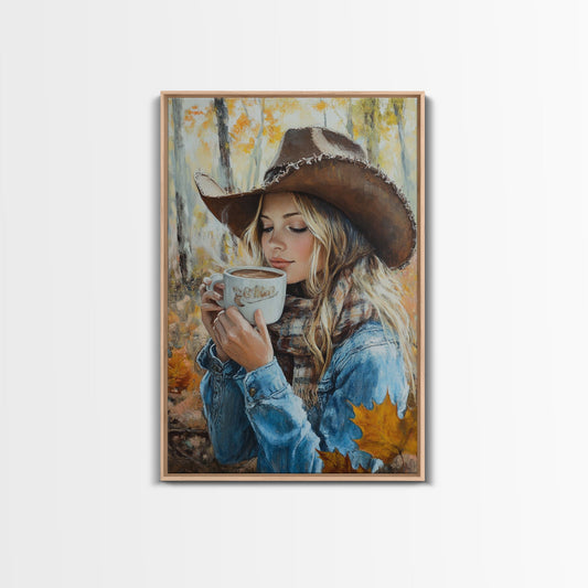 Fall-themed farmhouse framed canvas print a woman with coffee amidst autumn leaves ideal harvest home decor or seasonal wall art gift idea