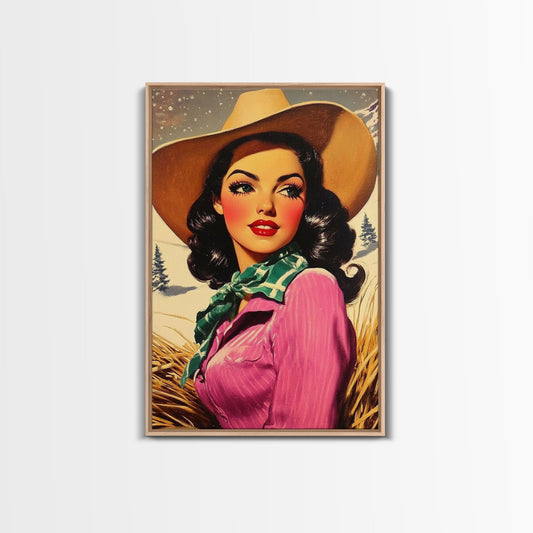 Retro Christmas framed canvas print festive cowgirl in a snowy landscape perfect holiday wall art or vintage Christmas home decor gift idea