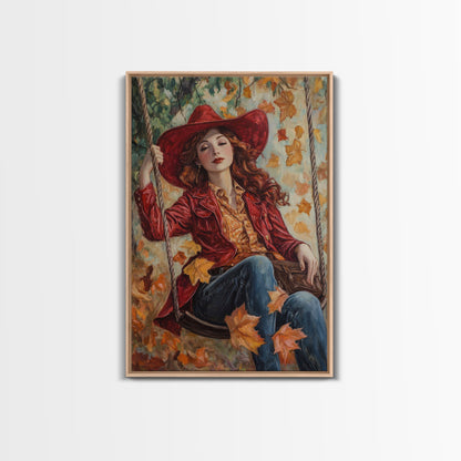 Fall Cowgirl Enjoying Her Swing, Framed Canvas Print, Autumn Decor, Cute Wall Art Gift Idea