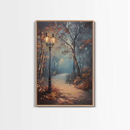 Spooky Street Lights In The City Park, Framed Canvas Print, Wood Framed Wall Art, Fall Decor, Holiday Decor, Seasonal Gift Idea