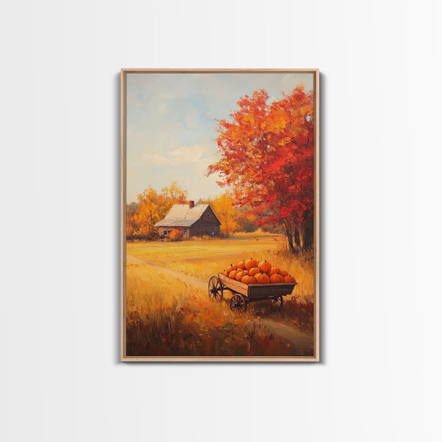 Pumpkin Cart In Fall Field Framed Canvas Print Rustic Autumn Country Farmhouse Decor Perfect Seasonal Art For Farmhouse Christmas Wall Art