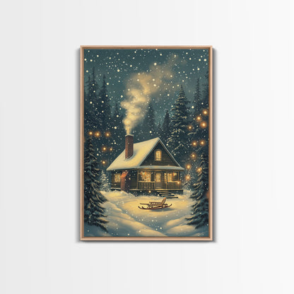 Cozy Cabin in Snowy Winter Forest, Warm Christmas Lights and Peaceful Holiday Scene, Perfect for Winter Wall Art, Framed Canvas Print