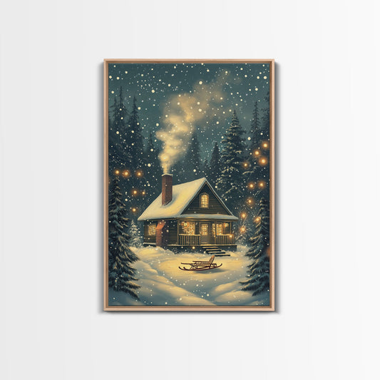 Cozy Cabin in Snowy Winter Forest, Warm Christmas Lights and Peaceful Holiday Scene, Perfect for Winter Wall Art, Framed Canvas Print