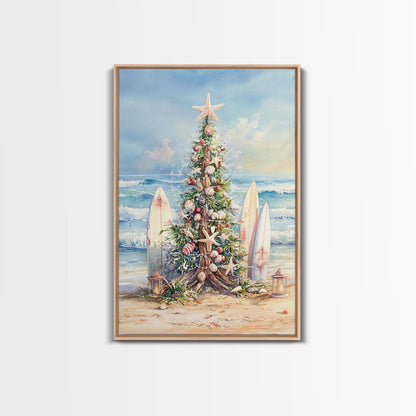 Coastal Christmas tree with surfboards at the beach Framed Canvas Print, tropical holiday wall art beach Christmas decor Christmas prints