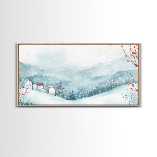 Winter mountain village art, snow-covered landscape, holiday wall art, winter wall decor, cozy winter home decor, framed canvas print
