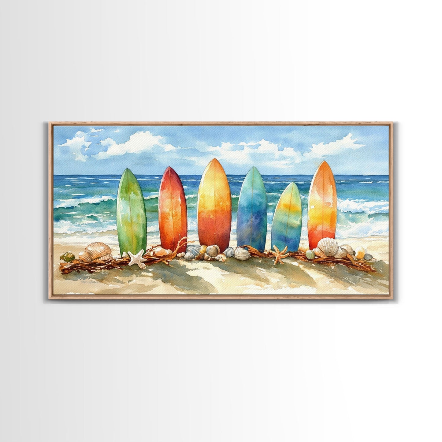 Colorful surfboards Christmas wall art, beach holiday decor, coastal Christmas art, framed canvas print, tropical Christmas art gift