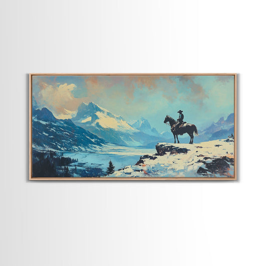 Smiling cowgirl in snow with autumn trees, Framed Canvas Print, rustic wall art winter autumn, tall art piece farmhouse country decor