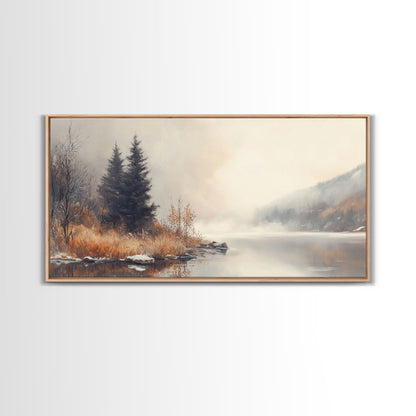 Fall On The River, Framed Canvas Print, Beautiful Watercolor Painting Of an Autumn Landscape, Ready To Hang Seasonal Decor