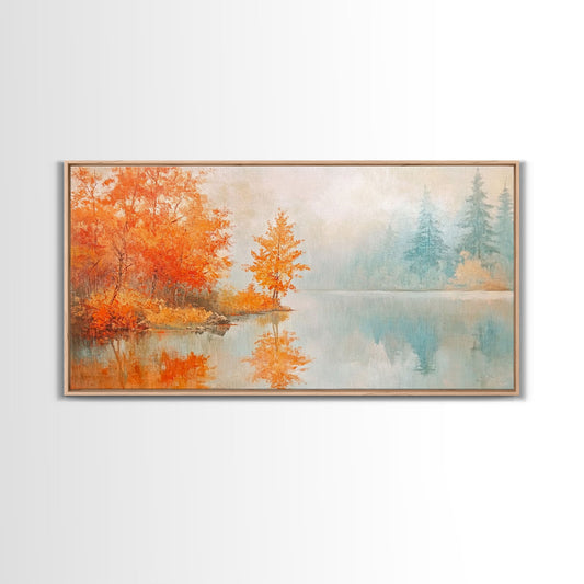 Mid-century modern living room with Christmas tree and presents Framed Canvas Print, colorful Christmas decor for stylish holiday wall art