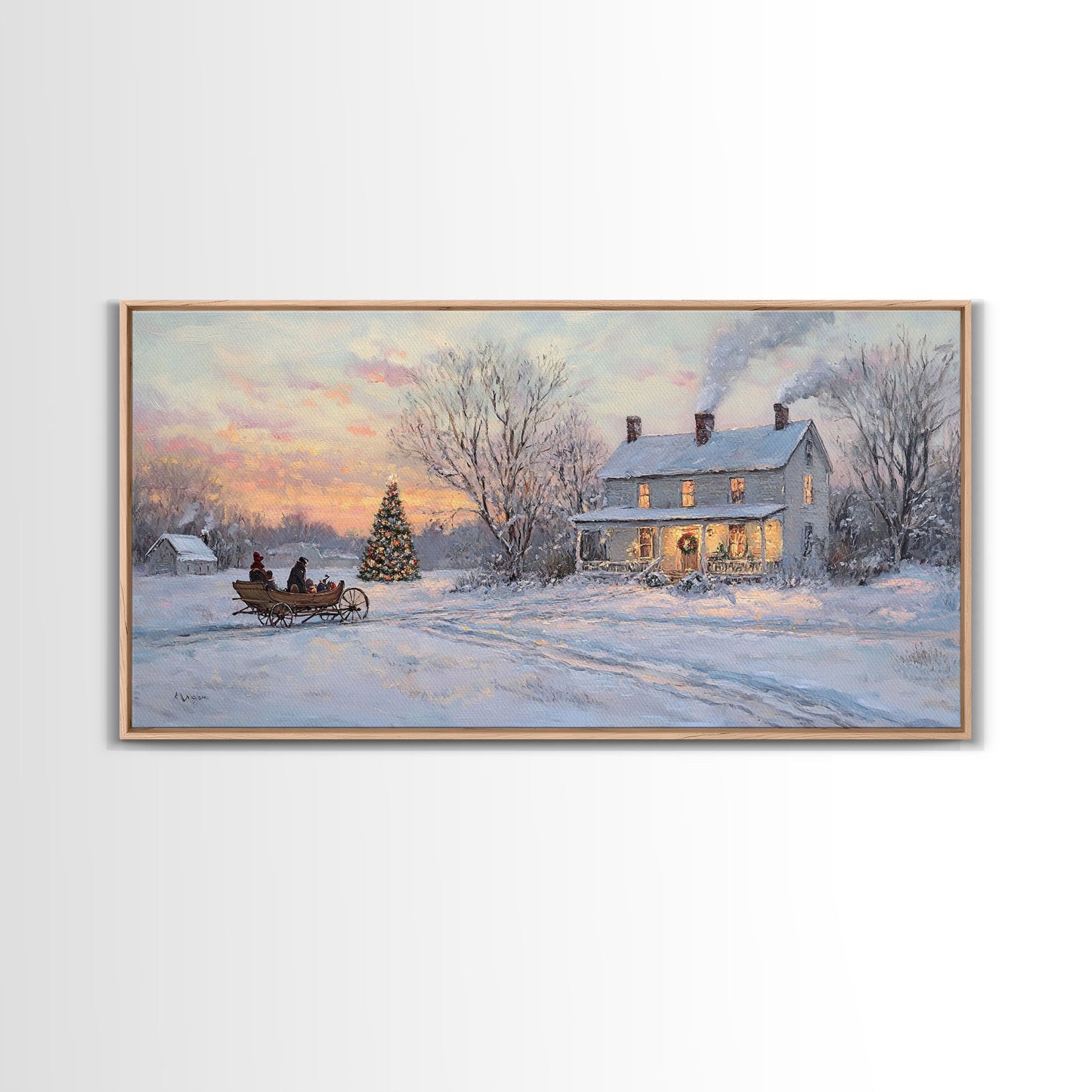 Horse Drawn Sleigh Ride Framed Canvas Print, Winter Wonderland Christmas Scene Art, Vintage Farmhouse Christmas Wall Art Gift Idea
