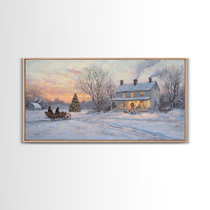 Horse Drawn Sleigh Ride Framed Canvas Print, Winter Wonderland Christmas Scene Art, Vintage Farmhouse Christmas Wall Art Gift Idea