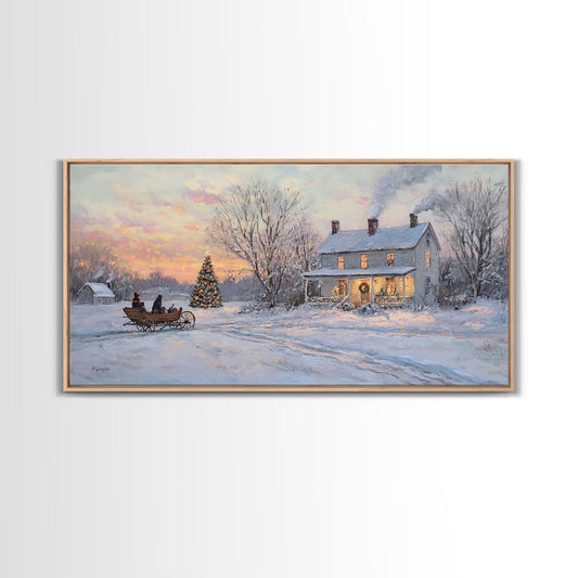 Horse Drawn Sleigh Ride Framed Canvas Print, Winter Wonderland Christmas Scene Art, Vintage Farmhouse Christmas Wall Art Gift Idea
