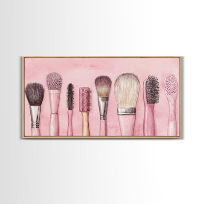 Makeup Brush Art Framed Canvas Print, Light Pink Chinoiserie Wall Art Whimsical Decor, Minimalist Art Rustic Wall Gift Idea