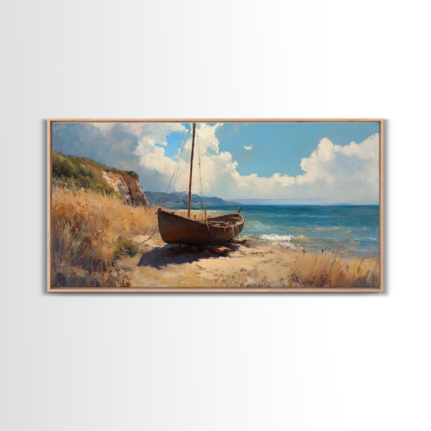 Rustic Sailboat Framed Canvas Print Nautical Wall Art Coastal Landscape Art Barn Landscape Oil Painting Rustic Decor Above Sofa Art