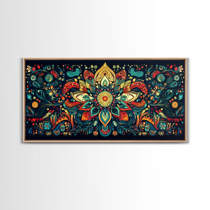 Elaborate Mandala Framed Canvas Print, Vibrant Boho Art, Spiritual Zen Wall Art, Geometric Ethereal Painting, Colorful Sacred Geometry